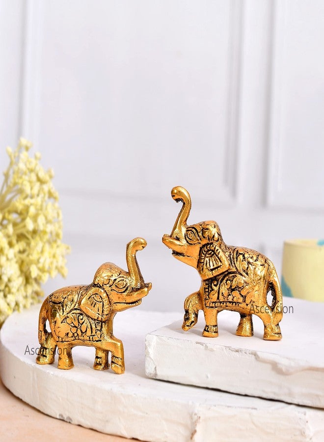 أسينشين مجموعة من تمثالين معدنيين على شكل فيل بخرطوم مرفوع، قطع ديكور فنغ شوي فاستو لجلب الحظ للمنزل وغرفة المعيشة والمكتب وسطح المكتب، تمثال حيواني عتيق، مجموعة فيل للعرض (ذهبي) - Image 1